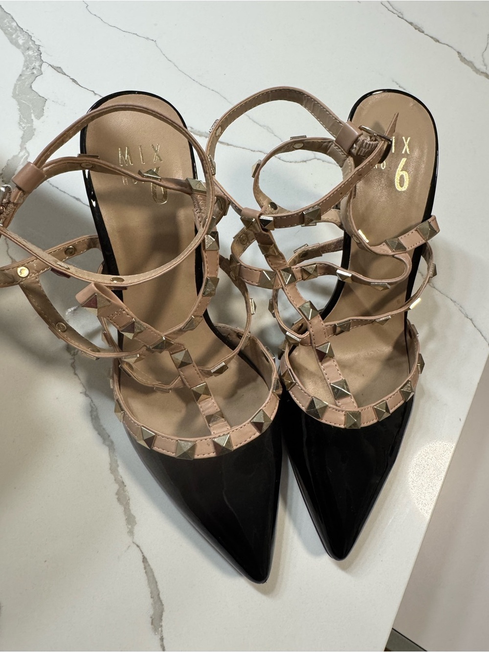 Mix No. 6 Black Patent Pointed Toe Heels with Nude Studded Straps